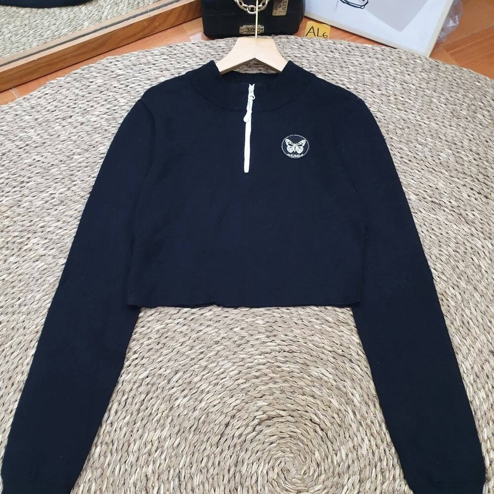 Black Owl Embroidered Half Zip Crop Top